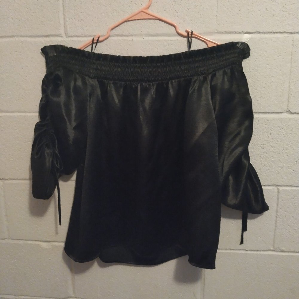Satin off the shoulder blouse adjustable sleeves